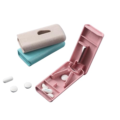 Pill Cutter for Tablets of Any Size - Pill Cutter Splitter of All Size Pills, Made of Food Grade Cereal Fiber, BPA free Wheat Straw Material, Stainless Steel Blade, Ideal for Travel, Pocket, Purse (Random Colour)