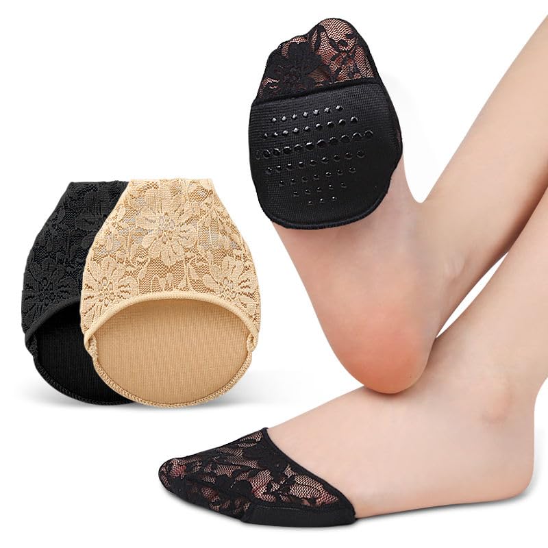 High Heel Cushion Forefoot Insoles - Half Toe Socks with Lace Fabric, Metatarsal Sore Ball Foot Inserts with Soft Silicon Pads, Relieves Foot Pain - Beige - 1 Pair