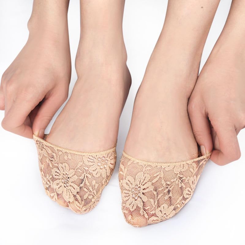 High Heel Cushion Forefoot Insoles - Half Toe Socks with Lace Fabric, Metatarsal Sore Ball Foot Inserts with Soft Silicon Pads, Relieves Foot Pain - Beige - 1 Pair