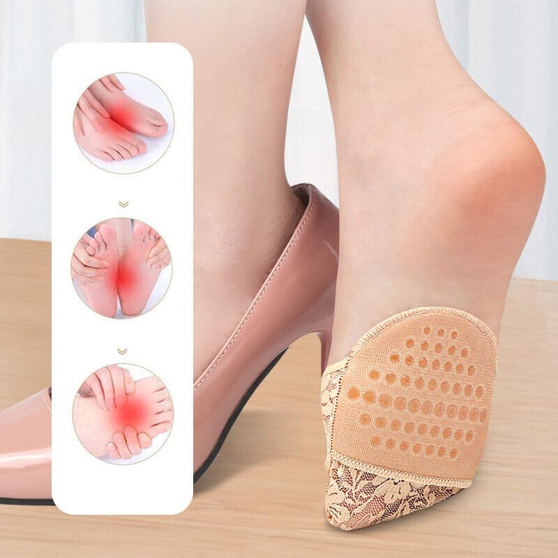High Heel Cushion Forefoot Insoles - Half Toe Socks with Lace Fabric, Metatarsal Sore Ball Foot Inserts with Soft Silicon Pads, Relieves Foot Pain - Beige - 1 Pair