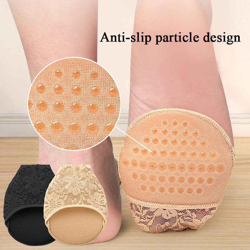 High Heel Cushion Forefoot Insoles - Half Toe Socks with Lace Fabric, Metatarsal Sore Ball Foot Inserts with Soft Silicon Pads, Relieves Foot Pain - Beige - 1 Pair