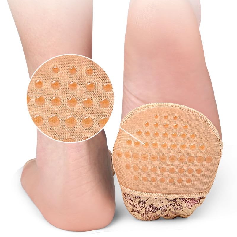 High Heel Cushion Forefoot Insoles - Half Toe Socks with Lace Fabric, Metatarsal Sore Ball Foot Inserts with Soft Silicon Pads, Relieves Foot Pain - Beige - 1 Pair