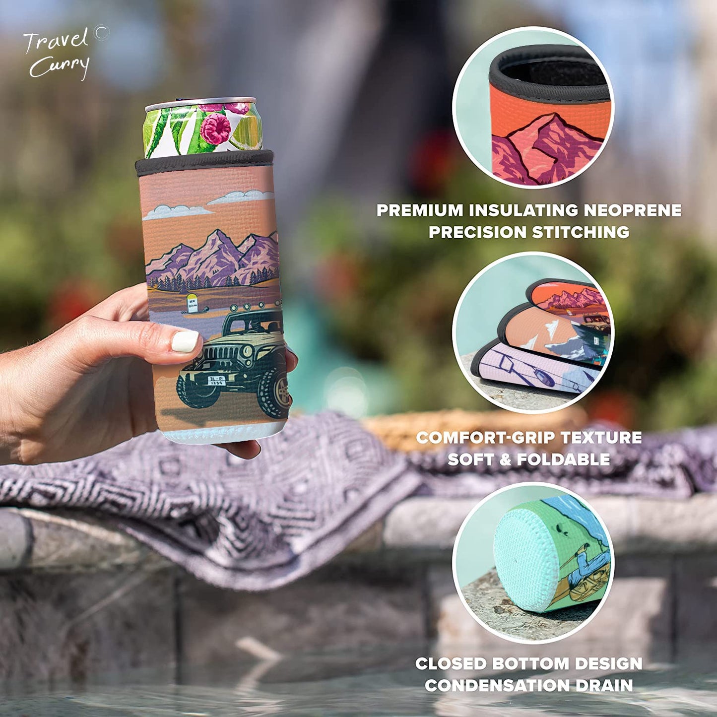 Can Covers - Reusable Neoprene Insulator Sleeve Coozies for Bottle Pints 330 ml/Cola or Energy Drink Cans Upto 500 ml - Himalayas Inspired Premium Design - Set of 5