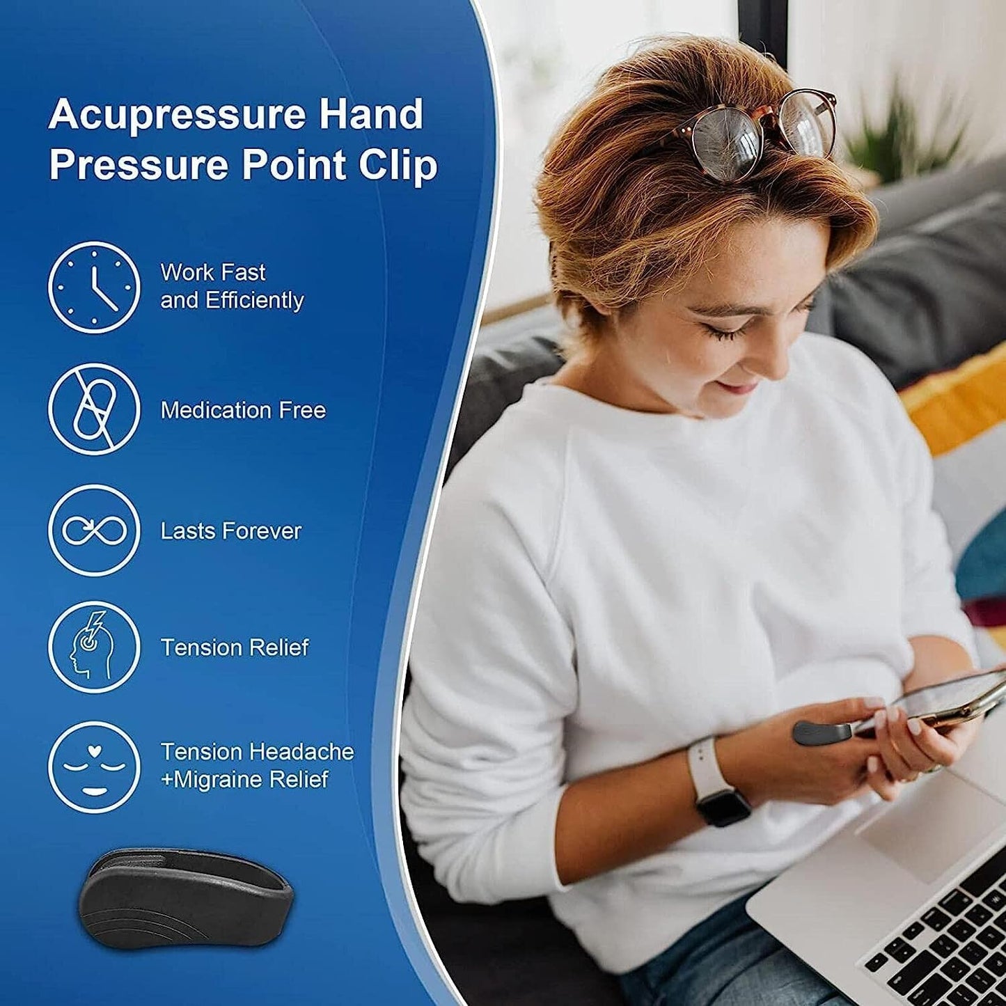 Headache and Migraine Relief Acupressure Wearable – Relaxation, Natural Stress Alleviation for Tension, Hand Pressure Massage Clip for LI4 Point