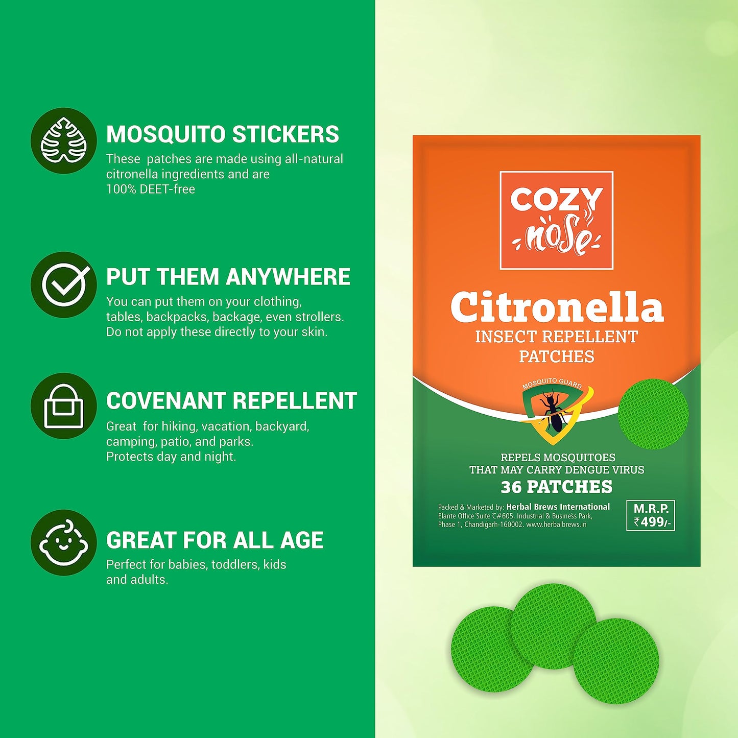 Natural Repellent Mosquito Patches For Babies With 12 Hour Protection - 36 Patches - Natural Citronella Mosquito Repellent Patch Stickers For Travel, Outdoor, Indoor For Children And Adults