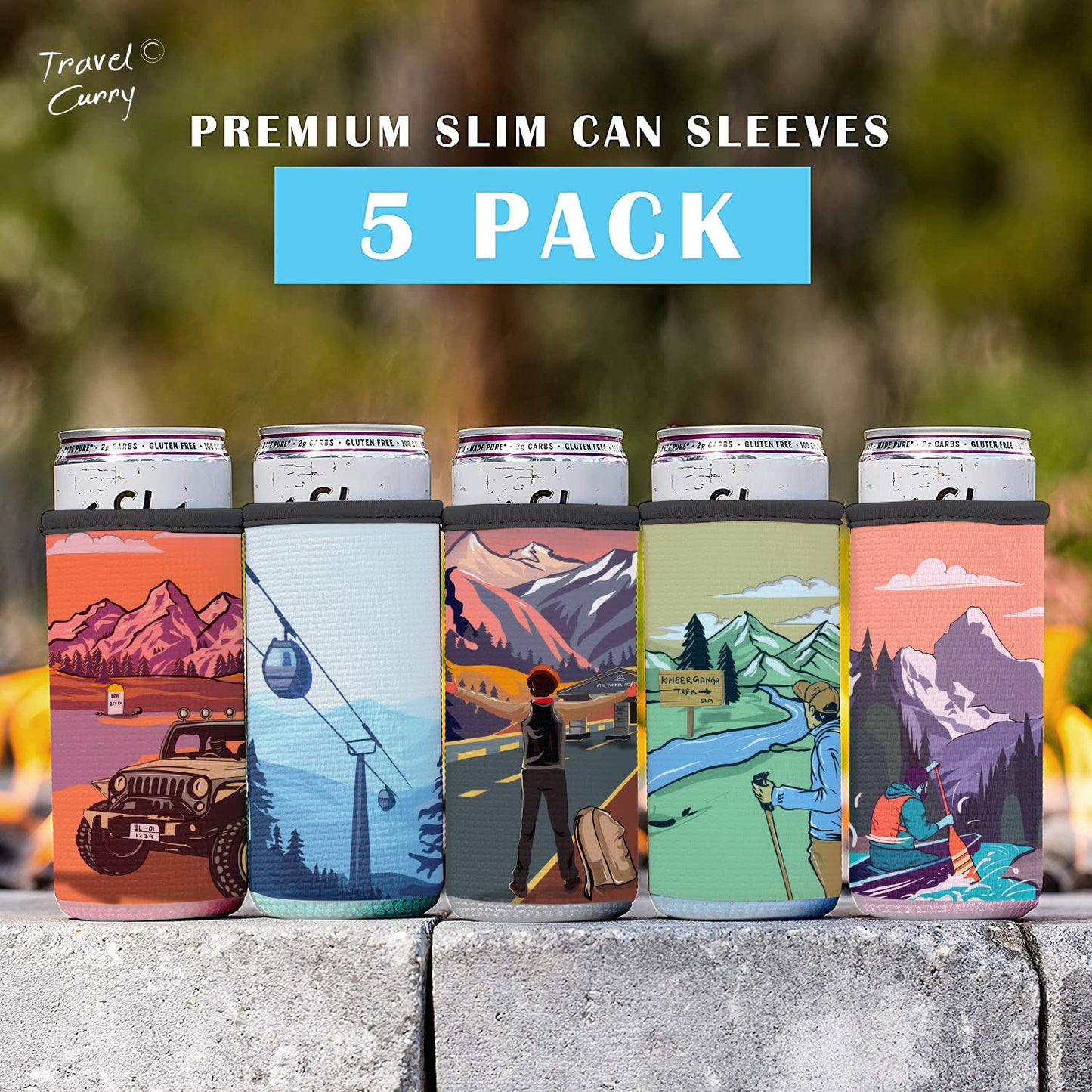 Can Covers - Reusable Neoprene Insulator Sleeve Coozies for Bottle Pints 330 ml/Cola or Energy Drink Cans Upto 500 ml - Himalayas Inspired Premium Design - Set of 5