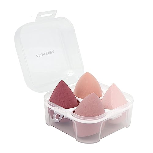 Makeup Sponges for Foundation - Makeup Sponge Set for Blending - Beauty Blender Set of 4 + Egg Case Holder - Flawless for Cream, Powder and Liquid (Pink Mix Colours)
