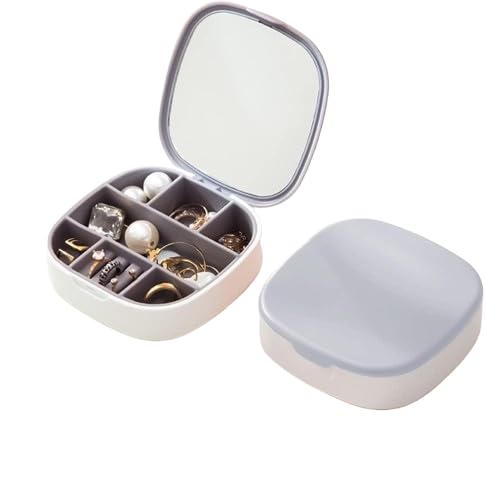 Travel Jewellery Box, Small Jewellery Organiser, Mini Jewellery Storage Case with Mirror for Rings Earrings Necklace, Washable Portable Jewellery Box Gift for Women Girls (Grey)