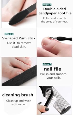 Pedicure Tools for Feet - 8 in 1 Pedicure Kit | Foot Scrubber for Dead Skin, Callus Remover, Foot Scraper, Foot File, Pitchfork, Filer for Nail Repair - 1 Set (Black)