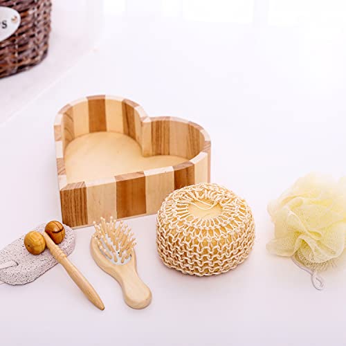 Gift Set for Women & Men for Bath & Body Care - At Home Shower & Spa - Wooden Heart Box with Body & Foot Massager, Pumice Stone, Bamboo Hair Detangling Brush, Loofah, Body Sponge Hemp