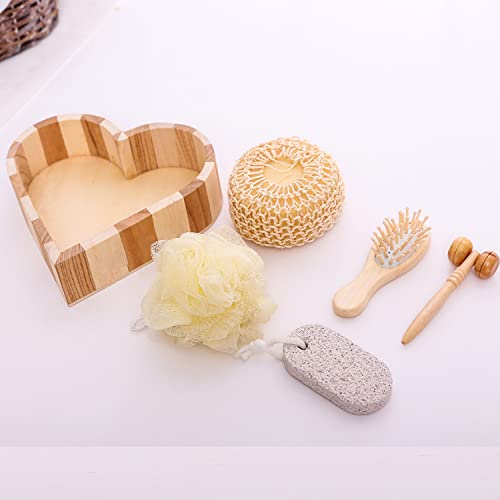 Gift Set for Women & Men for Bath & Body Care - At Home Shower & Spa - Wooden Heart Box with Body & Foot Massager, Pumice Stone, Bamboo Hair Detangling Brush, Loofah, Body Sponge Hemp
