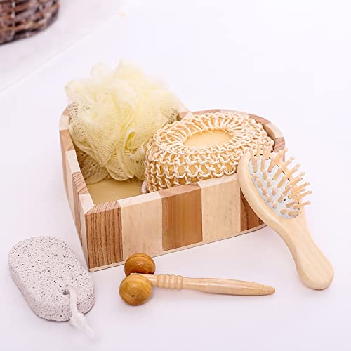Gift Set for Women & Men for Bath & Body Care - At Home Shower & Spa - Wooden Heart Box with Body & Foot Massager, Pumice Stone, Bamboo Hair Detangling Brush, Loofah, Body Sponge Hemp
