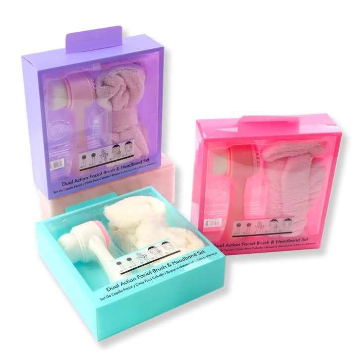Facial Brush and Headband Set - Deep Cleansing Manual (Non-Electric) Dual Action Silicone Facial Brush & Superfine Fur Spa Shower Face Wash Bowknot Headband Set - Assorted Colours
