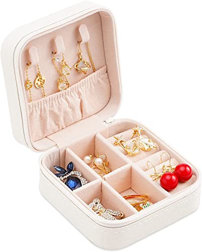 Jewellery Organisers Storage Box - Travel Case, Portable Jewellery Holder for Rings, Earrings, Necklace, Bracelet, Bangles Organizer, Gifts for Girls & Women (White, Faux Leather)