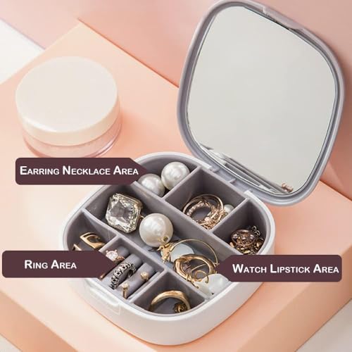 Travel Jewellery Box, Small Jewellery Organiser, Mini Jewellery Storage Case with Mirror for Rings Earrings Necklace, Washable Portable Jewellery Box Gift for Women Girls (Grey)
