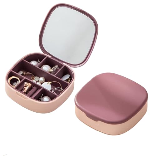 Travel Jewellery Box, Small Jewellery Organiser, Mini Jewellery Storage Case with Mirror for Rings Earrings Necklace, Washable Portable Jewellery Box Gift for Women Girls (Pink)