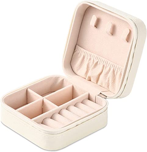 Jewellery Organisers Storage Box - Travel Case, Portable Jewellery Holder for Rings, Earrings, Necklace, Bracelet, Bangles Organizer, Gifts for Girls & Women (White, Faux Leather)