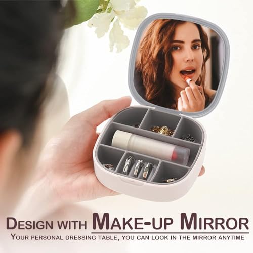 Travel Jewellery Box, Small Jewellery Organiser, Mini Jewellery Storage Case with Mirror for Rings Earrings Necklace, Washable Portable Jewellery Box Gift for Women Girls (Grey)