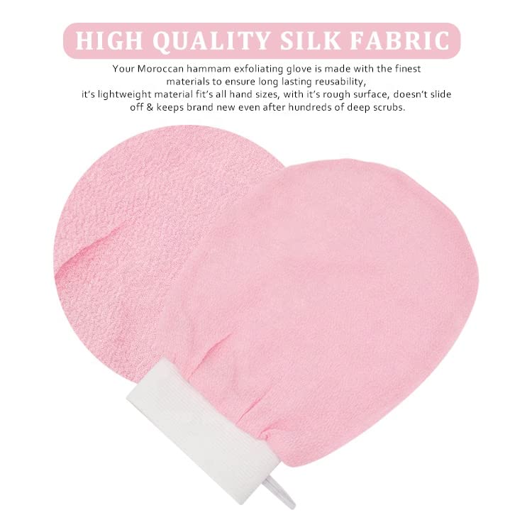 Moroccan Bathing Exfoliating Glove Mitt - Latest bathing sponge body scrubber | Microdermabrasion at Home, Visibly Lift Away Dead Skin, Great for Tan Removal (Pink)