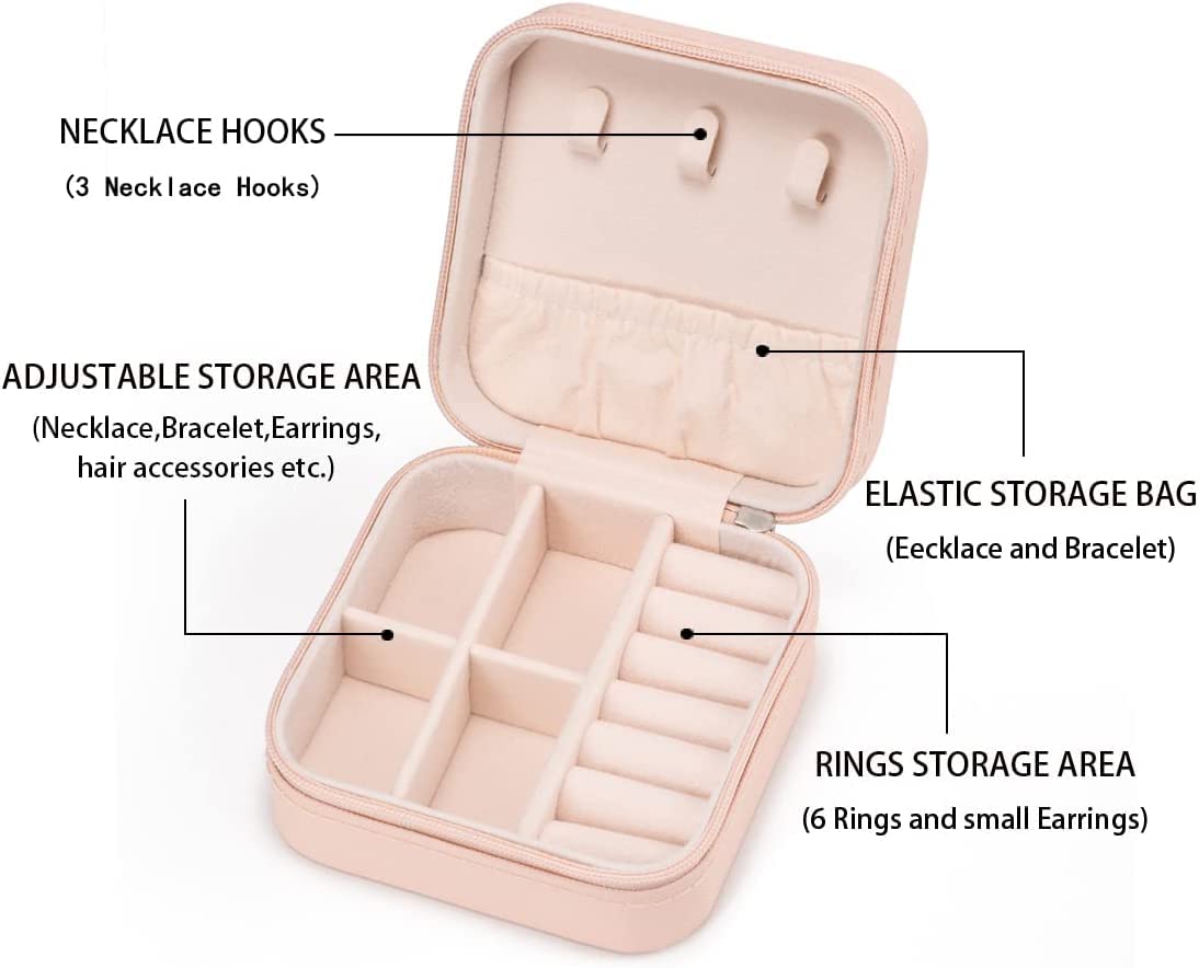 Jewellery Organisers Storage Box - Travel Case, Portable Jewelery Holder for Rings, Earrings, Necklace, Bracelet, Bangles Organizer, Gifts for Girls & Women (Pink, Faux Leather)