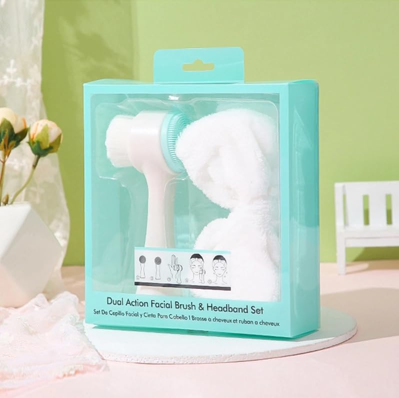 Facial Brush and Headband Set - Deep Cleansing Manual (Non-Electric) Dual Action Silicone Facial Brush & Superfine Fur Spa Shower Face Wash Bowknot Headband Set - Assorted Colours