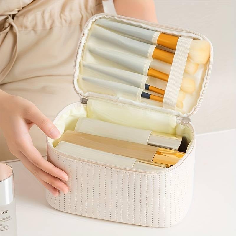 Toiletry Bag for Men and Women for Travel - Cosmetics Organizer Kit - Makeup Bag Portable PU Leather Waterproof Makeup Case Multifunctional Makeup Bag with Brush Compartment (Beige)