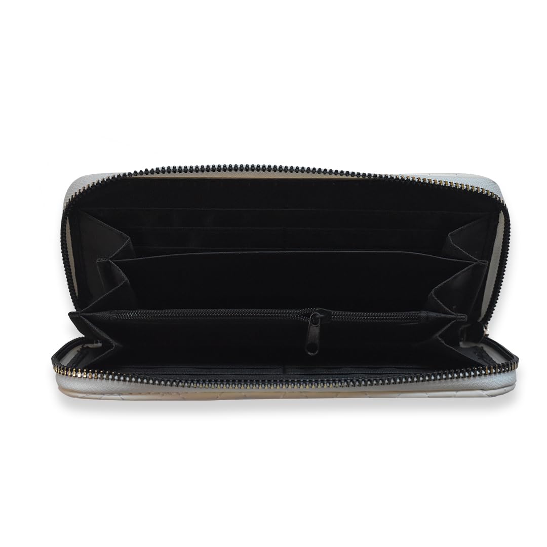 Ladies Wallets for Women Stylish - Faux-Pearl Embellished Quilted PU Leather Wallet - Diamond Shaped Quilting and Tonal Stitching, with All-Around Gold Zip Fastening (White)