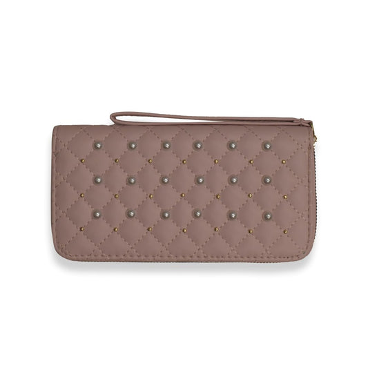 Ladies Wallets for Women Stylish - Faux-Pearl Embellished Quilted PU Leather Wallet - Diamond Shaped Quilting and Tonal Stitching, with All-Around Gold Zip Fastening (Rose Pink)