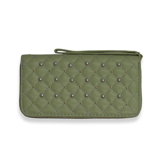 Ladies Wallets for Women Stylish - Faux-Pearl Embellished Quilted PU Leather Wallet - Diamond Shaped Quilting and Tonal Stitching, with All-Around Gold Zip Fastening (Mint Green)