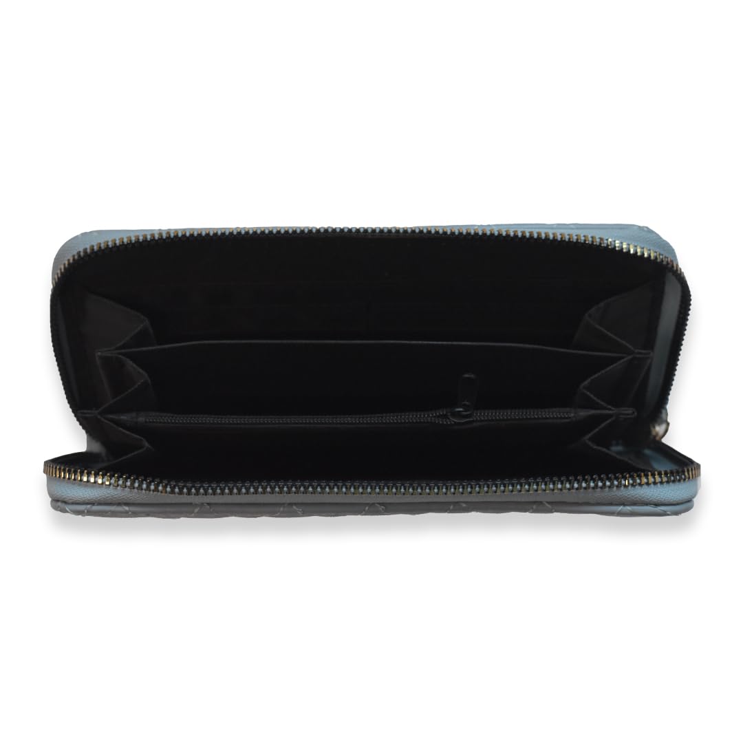 Ladies Wallets for Women Stylish - Faux-Pearl Embellished Quilted PU Leather Wallet - Diamond Shaped Quilting and Tonal Stitching, with All-Around Gold Zip Fastening (Tinted Blue)