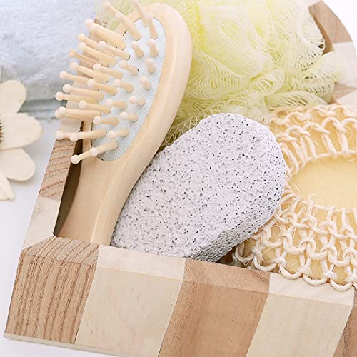 Gift Set for Women & Men for Bath & Body Care - At Home Shower & Spa - Wooden Heart Box with Body & Foot Massager, Pumice Stone, Bamboo Hair Detangling Brush, Loofah, Body Sponge Hemp