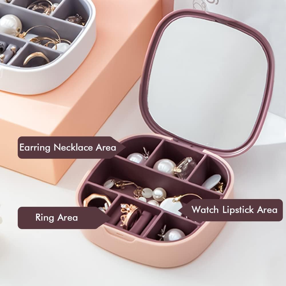 Travel Jewellery Box, Small Jewellery Organiser, Mini Jewellery Storage Case with Mirror for Rings Earrings Necklace, Washable Portable Jewellery Box Gift for Women Girls (Pink)