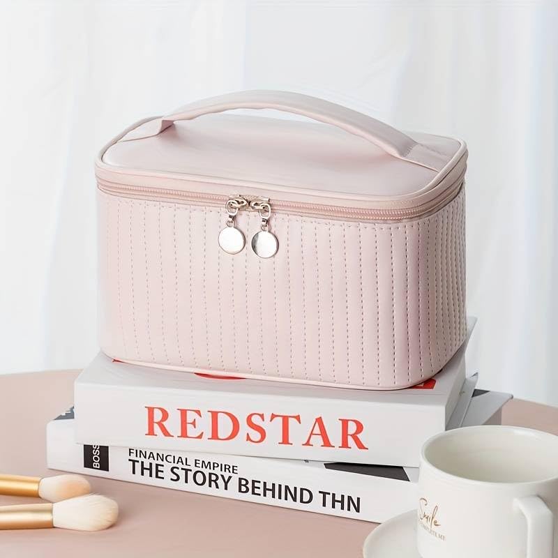 Toiletry Bag for Men and Women for Travel - Cosmetics Organizer Kit - Makeup Bag Portable PU Leather Waterproof Makeup Case Multifunctional Makeup Bag with Brush Compartment (Pink)