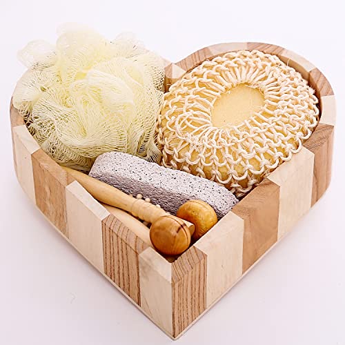 Gift Set for Women & Men for Bath & Body Care - At Home Shower & Spa - Wooden Heart Box with Body & Foot Massager, Pumice Stone, Bamboo Hair Detangling Brush, Loofah, Body Sponge Hemp