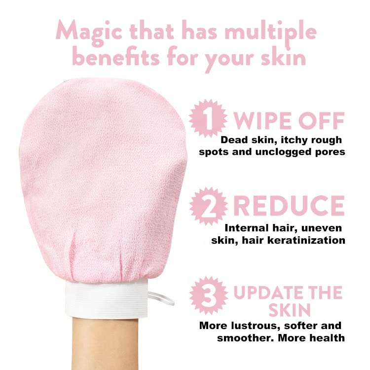 Moroccan Bathing Exfoliating Glove Mitt - Latest bathing sponge body scrubber | Microdermabrasion at Home, Visibly Lift Away Dead Skin, Great for Tan Removal (Pink)
