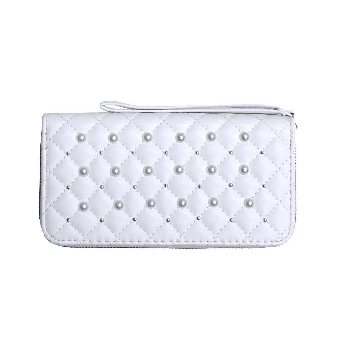 Ladies Wallets for Women Stylish - Faux-Pearl Embellished Quilted PU Leather Wallet - Diamond Shaped Quilting and Tonal Stitching, with All-Around Gold Zip Fastening (White)