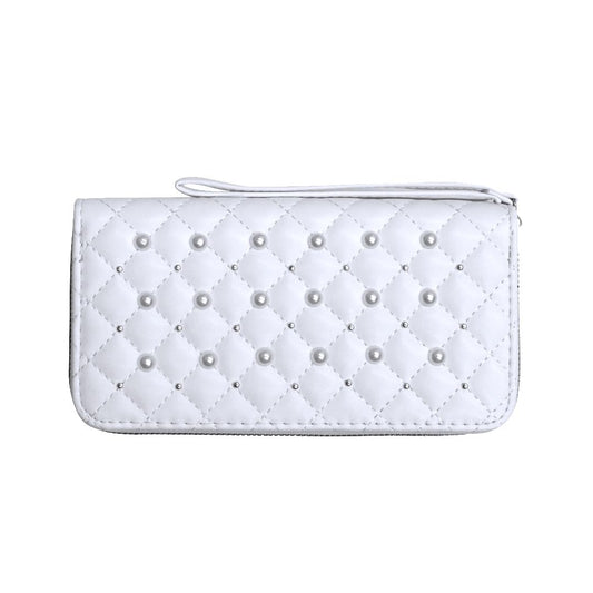 Ladies Wallets for Women Stylish - Faux-Pearl Embellished Quilted PU Leather Wallet - Diamond Shaped Quilting and Tonal Stitching, with All-Around Gold Zip Fastening (White)