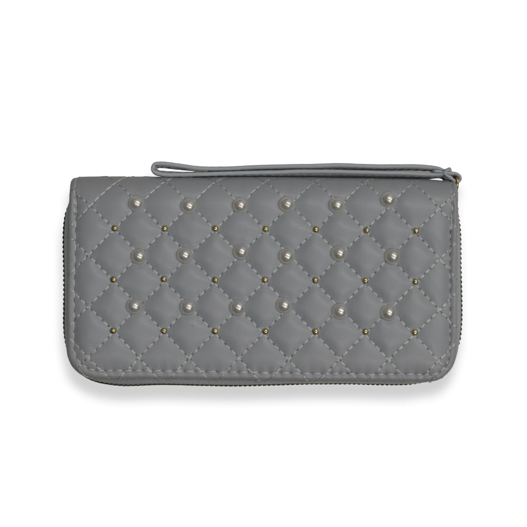 Ladies Wallets for Women Stylish - Faux-Pearl Embellished Quilted PU Leather Wallet - Diamond Shaped Quilting and Tonal Stitching, with All-Around Gold Zip Fastening (Tinted Blue)