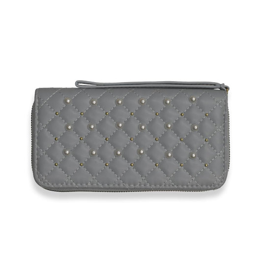 Ladies Wallets for Women Stylish - Faux-Pearl Embellished Quilted PU Leather Wallet - Diamond Shaped Quilting and Tonal Stitching, with All-Around Gold Zip Fastening (Tinted Blue)