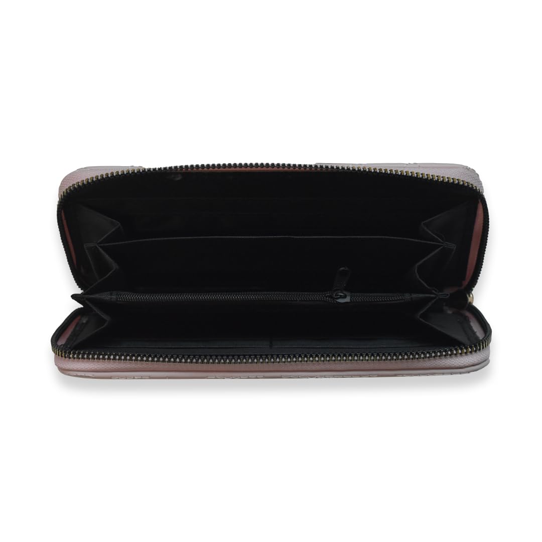 Ladies Wallets for Women Stylish - Faux-Pearl Embellished Quilted PU Leather Wallet - Diamond Shaped Quilting and Tonal Stitching, with All-Around Gold Zip Fastening (Rose Pink)