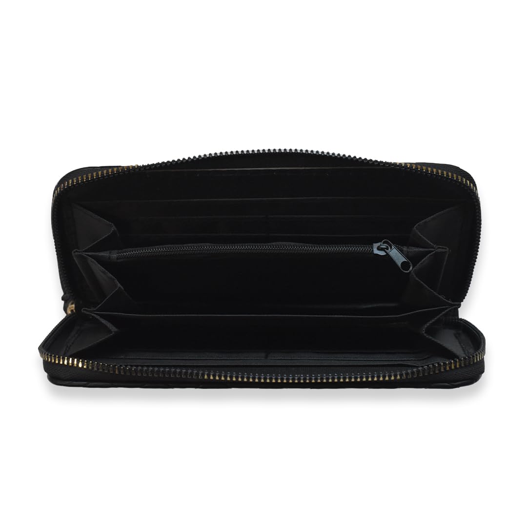Ladies Wallets for Women Stylish - Faux-Pearl Embellished Quilted PU Leather Wallet - Diamond Shaped Quilting and Tonal Stitching, with All-Around Gold Zip Fastening (Black)