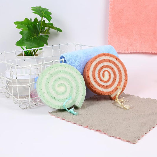 Body Scrubber Exfoliating Bath Sponge - for Adults, Children, Babies and Pregnant Women - Set of 2 (Swiss Roll Shaped)