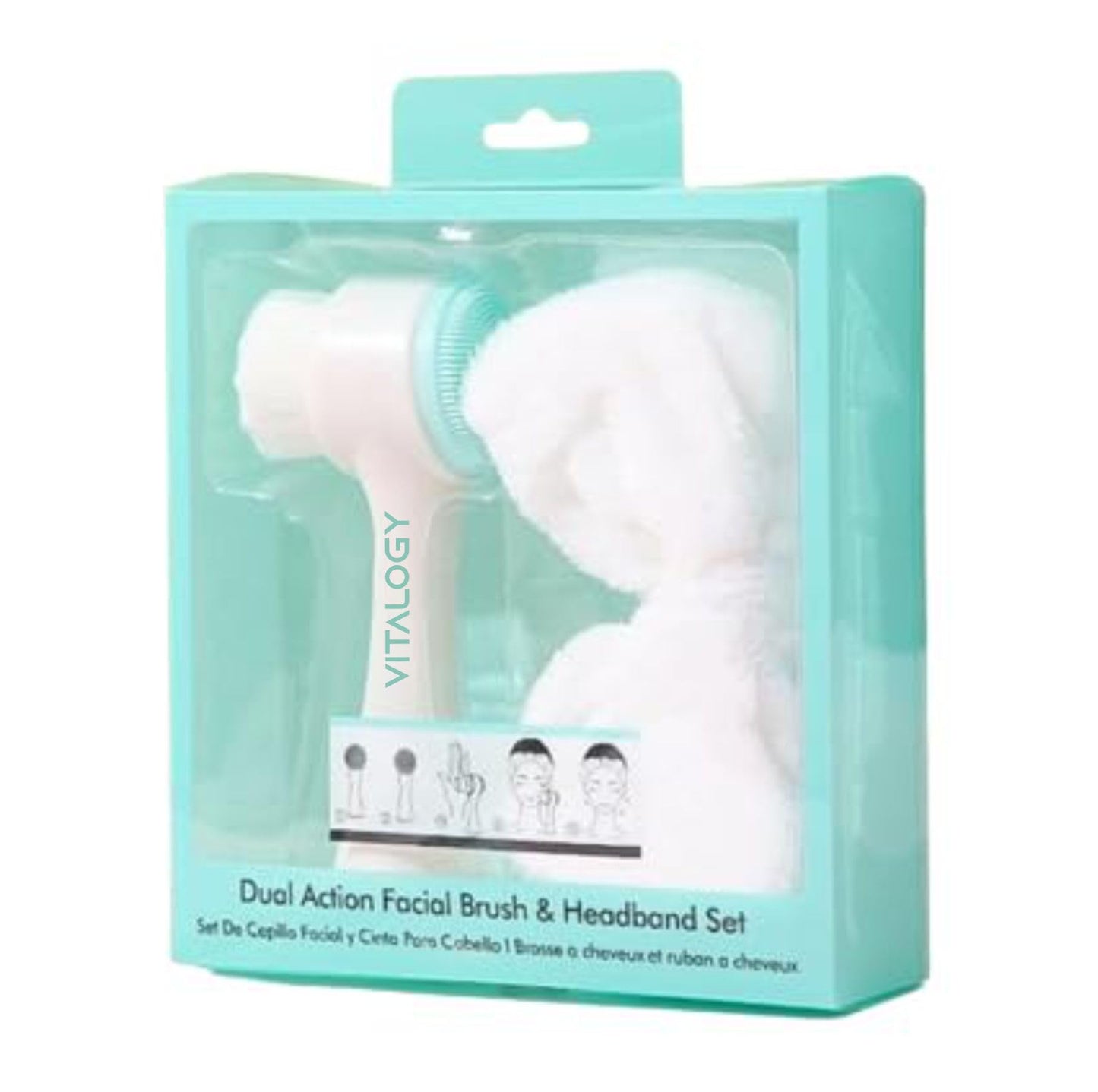 Facial Brush and Headband Set - Deep Cleansing Manual (Non-Electric) Dual Action Silicone Facial Brush & Superfine Fur Spa Shower Face Wash Bowknot Headband Set - Assorted Colours