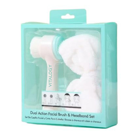 Facial Brush and Headband Set - Deep Cleansing Manual (Non-Electric) Dual Action Silicone Facial Brush & Superfine Fur Spa Shower Face Wash Bowknot Headband Set - Assorted Colours