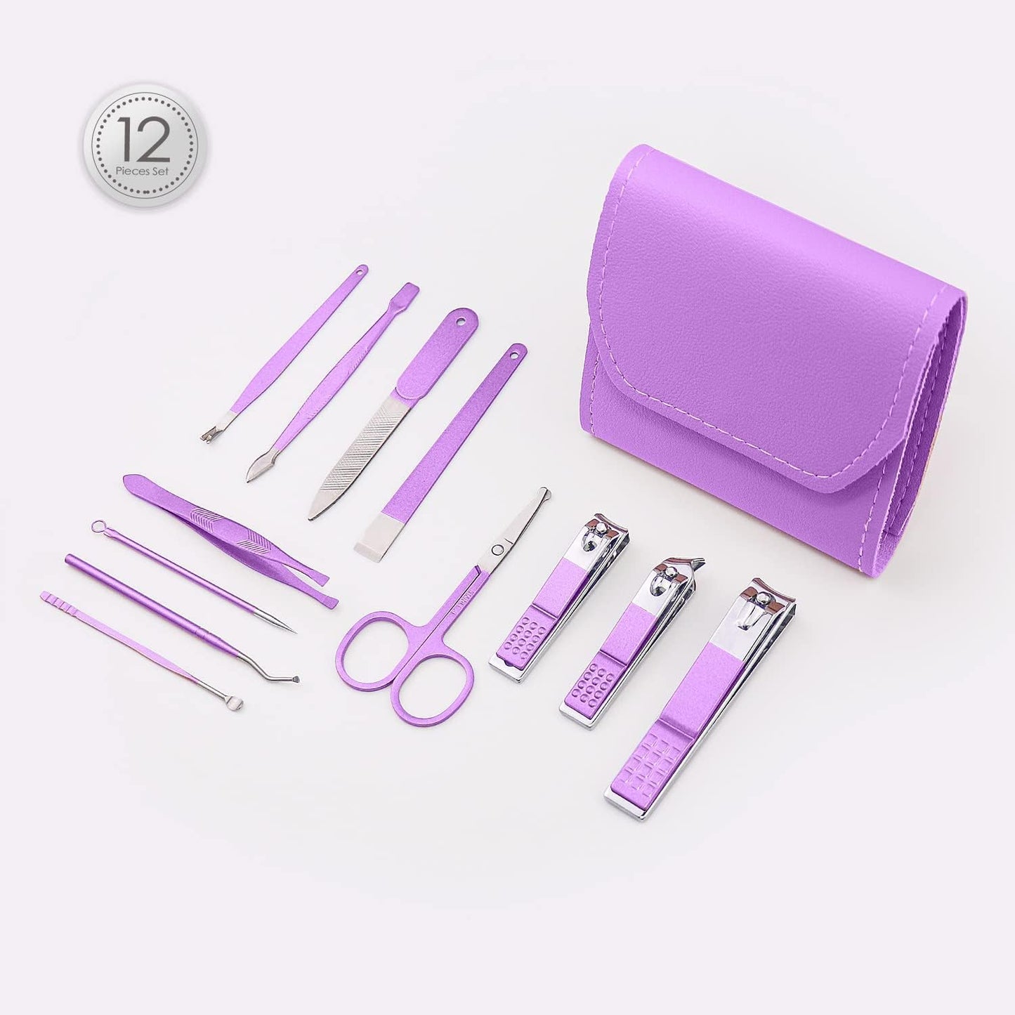 Manicure Pedicure Kit for Women for Foot, Hand & Face Care with TRAVEL Case | Nail Cutter Kit Set, Nail Clipper, Eyebrow Scissors, Tweezers, Nail File, Grooming Kit for Men & Women - 12 in 1 Kit (Purple)