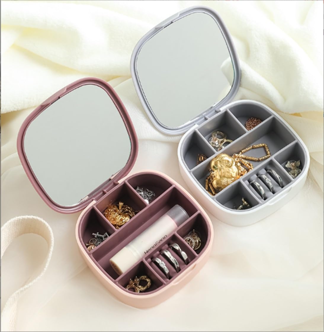 Travel Jewellery Box, Small Jewellery Organiser, Mini Jewellery Storage Case with Mirror for Rings Earrings Necklace, Washable Portable Jewellery Box Gift for Women Girls (Pink)