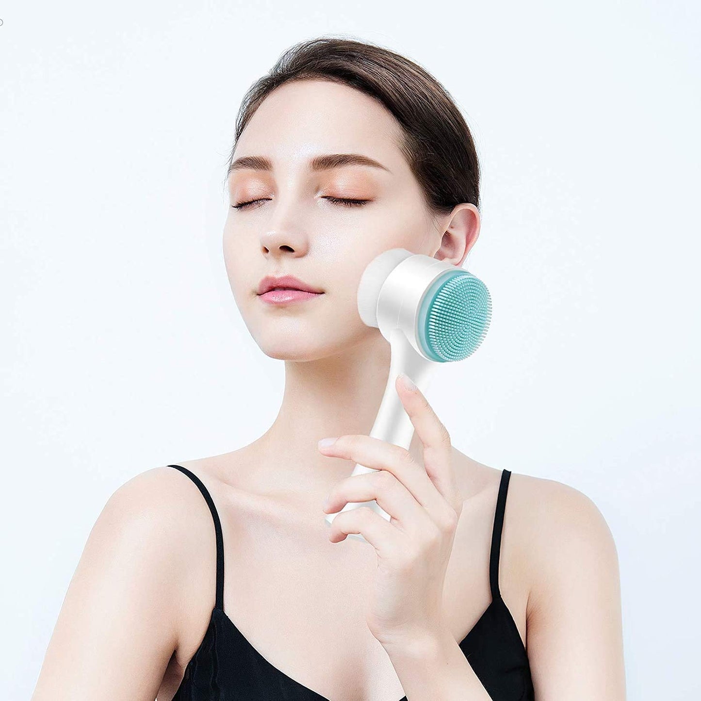 Facial Brush and Headband Set - Deep Cleansing Manual (Non-Electric) Dual Action Silicone Facial Brush & Superfine Fur Spa Shower Face Wash Bowknot Headband Set - Assorted Colours
