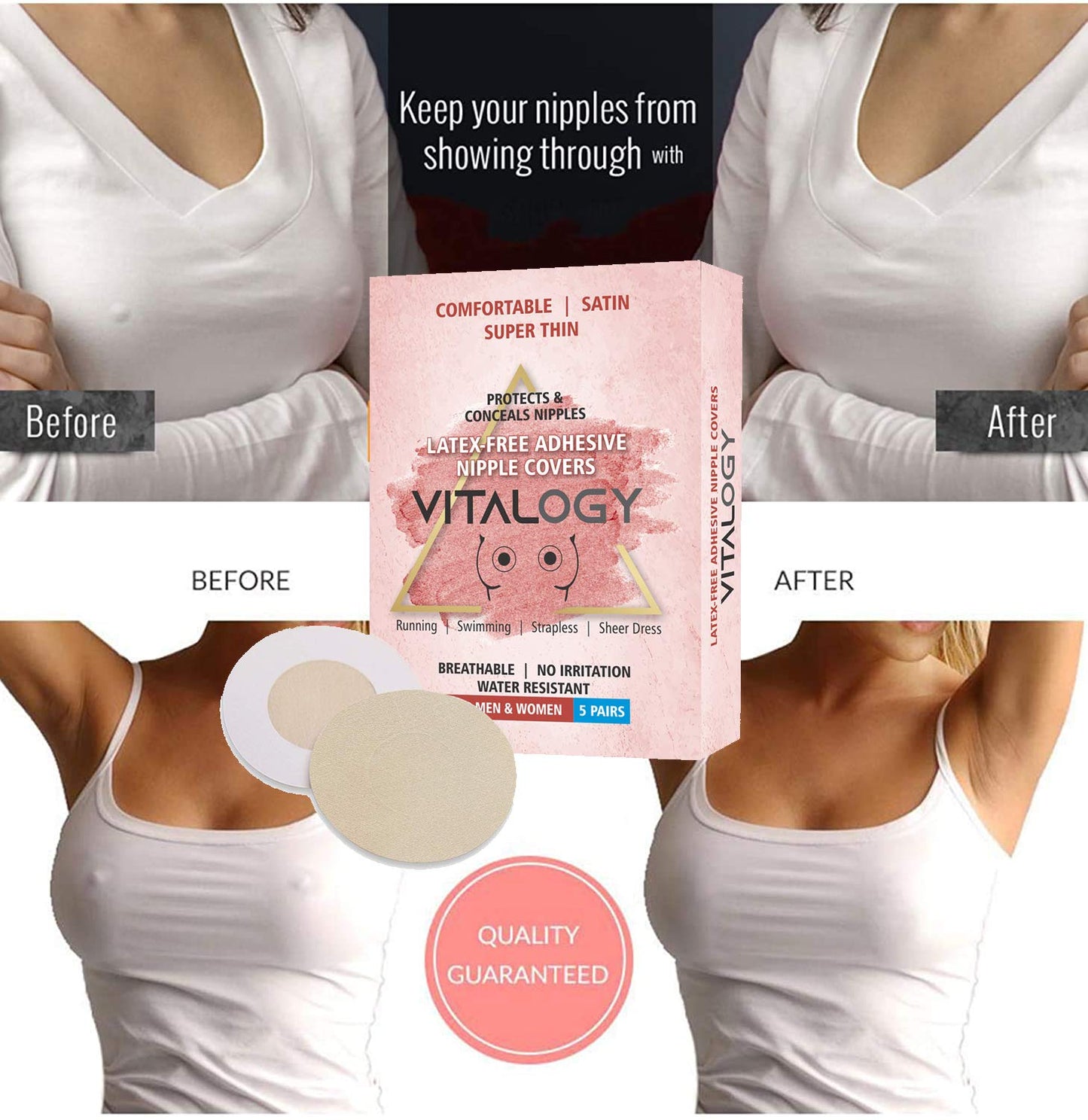 Nipple Cover for Women & Men | Comfortable, SATIN, Super Thin, Disposable, LATEX-FREE, BREATHABLE Breast Pasties | Protects & Conceals - Running, Swimming, Strapless, Sheer Dress - 5 Pairs