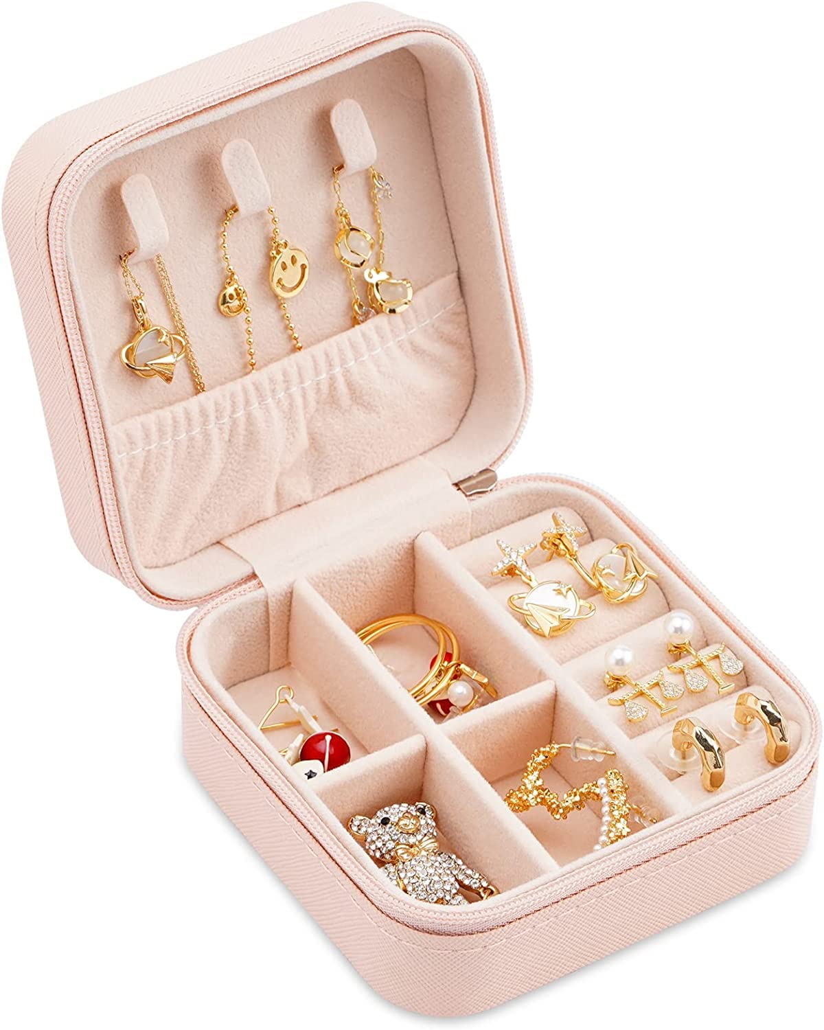 Jewellery Organisers Storage Box - Travel Case, Portable Jewelery Holder for Rings, Earrings, Necklace, Bracelet, Bangles Organizer, Gifts for Girls & Women (Pink, Faux Leather)