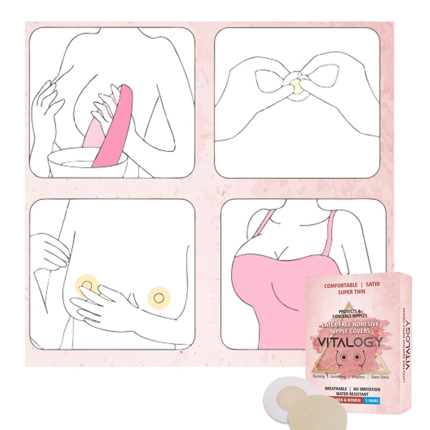 Nipple Cover for Women & Men | Comfortable, SATIN, Super Thin, Disposable, LATEX-FREE, BREATHABLE Breast Pasties | Protects & Conceals - Running, Swimming, Strapless, Sheer Dress - 5 Pairs